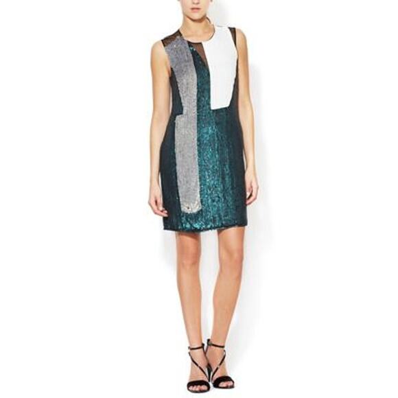3.1 Phillip Lim Ivory Green 100% Silk Sequin Embellished Mesh Panel Mini Dress 2 - Picture 8 of 8